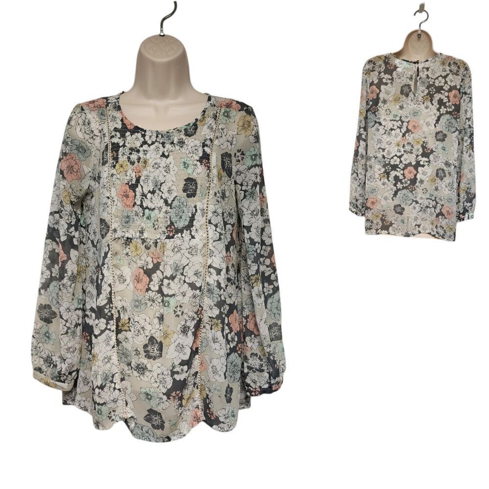 MOTHERHOOD Maternity Round Neck Floral Chiffon Multicolor Gray Blouse Size XS